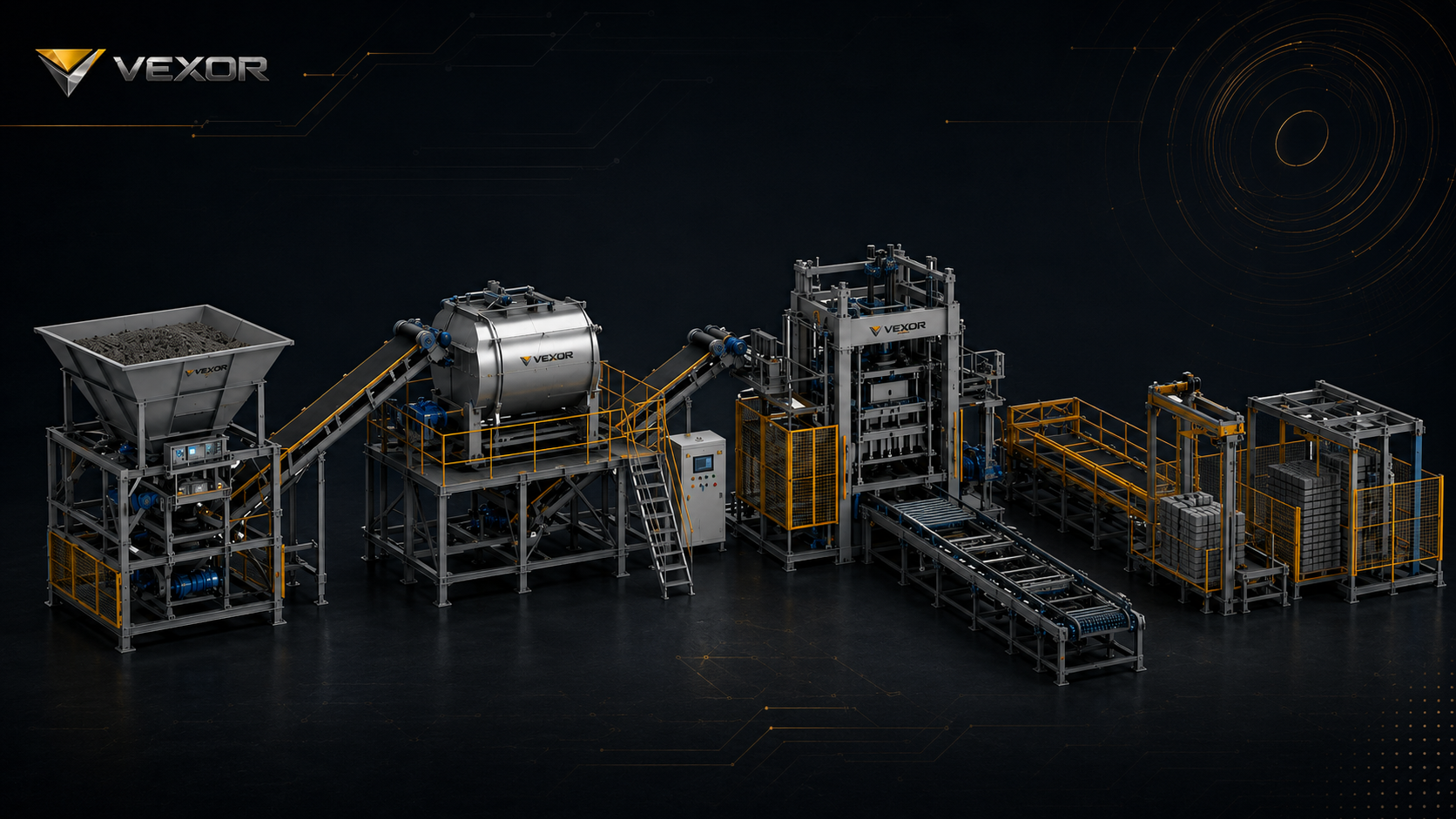 Projeto industrial VEXOR com modelo 3D e linhas técnicas